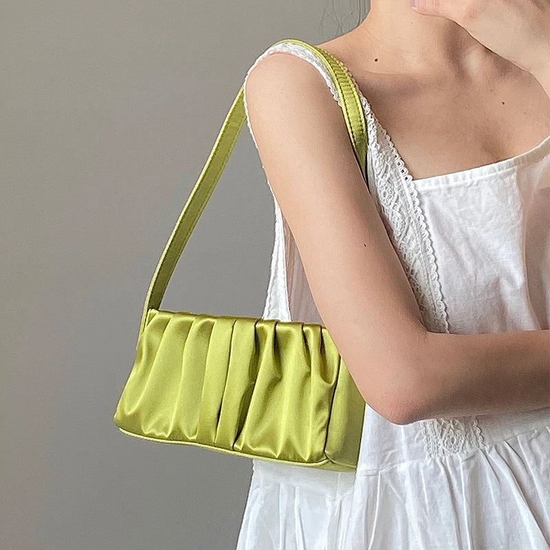 Vintage Satin Folds Shoulder Bag for Woman Solid Soft-Faced Zipper Handbag Women