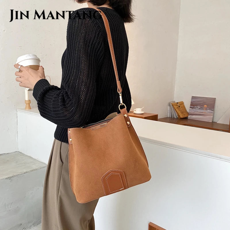 Vintage Leather Bucket Bag Crossbody Handbag for Women