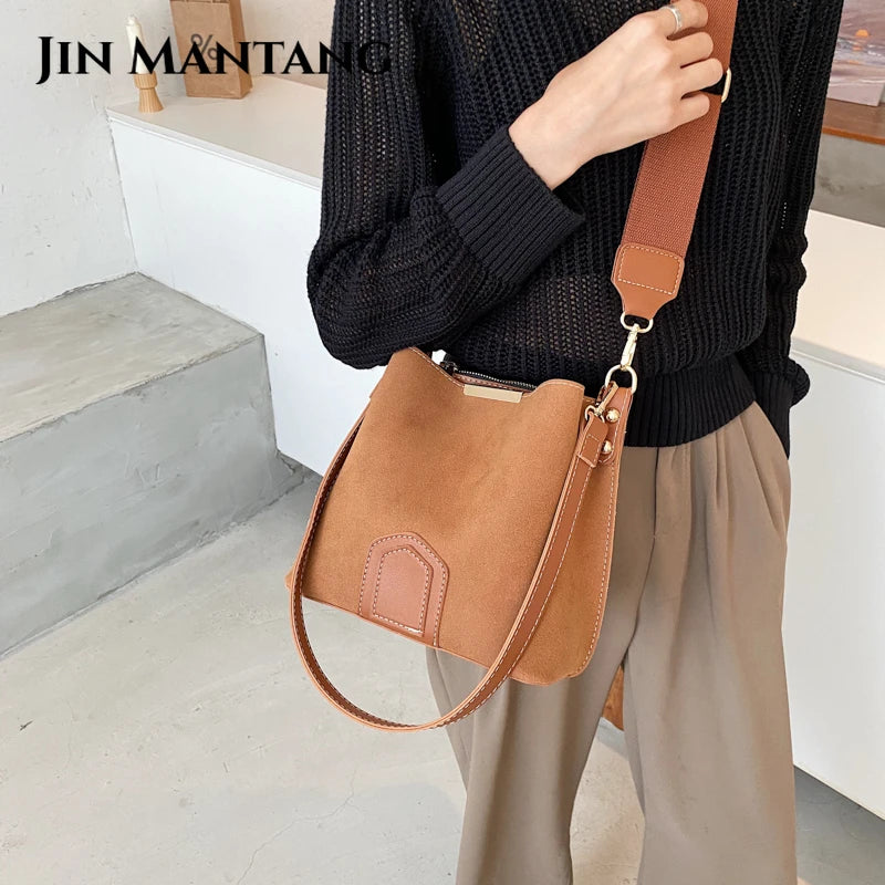 Vintage Leather Bucket Bag Crossbody Handbag for Women