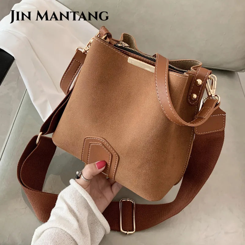 Vintage Leather Bucket Bag Crossbody Handbag for Women
