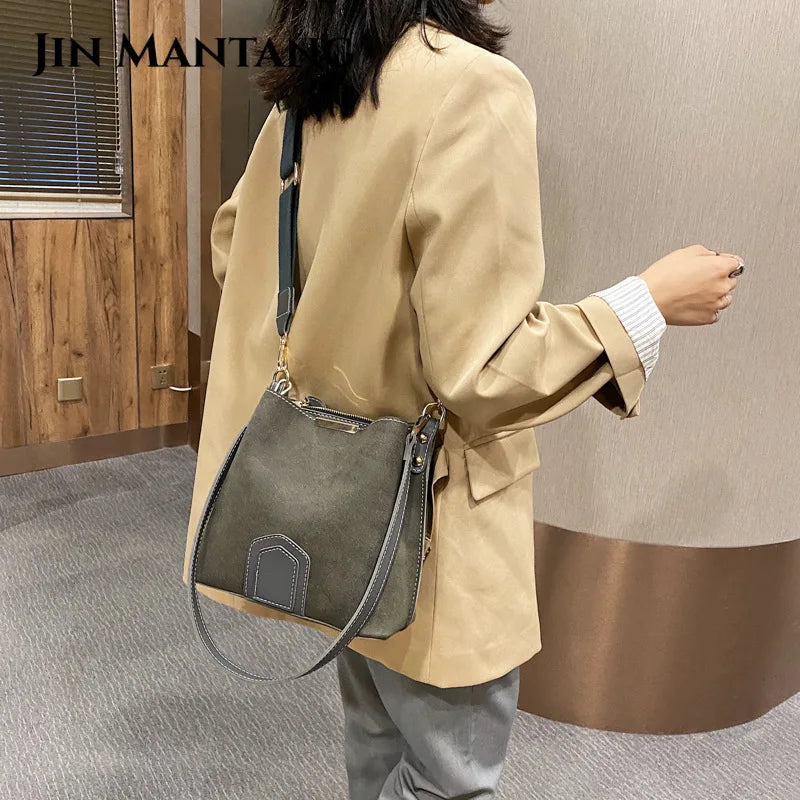 Vintage Leather Bucket Bag Crossbody Handbag for Women
