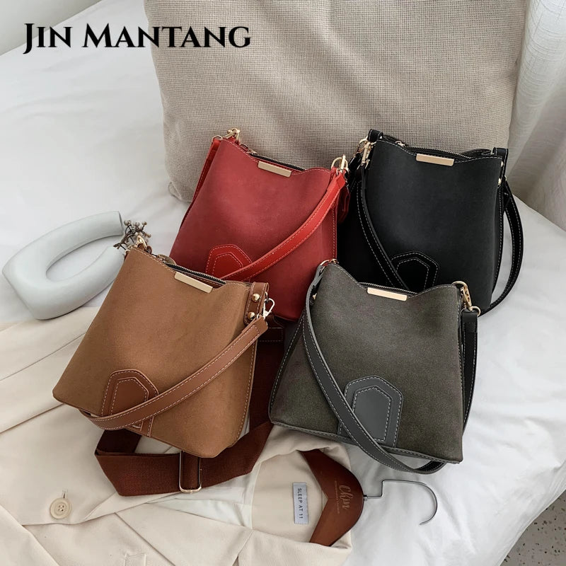Vintage Leather Bucket Bag Crossbody Handbag for Women