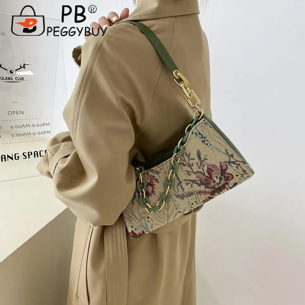 Vintage Shoulder Bag Women Oil Painting Print Underarm Bag