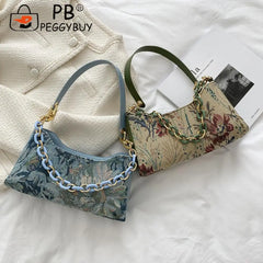 Vintage Shoulder Bag Women Oil Painting Print Underarm Bag