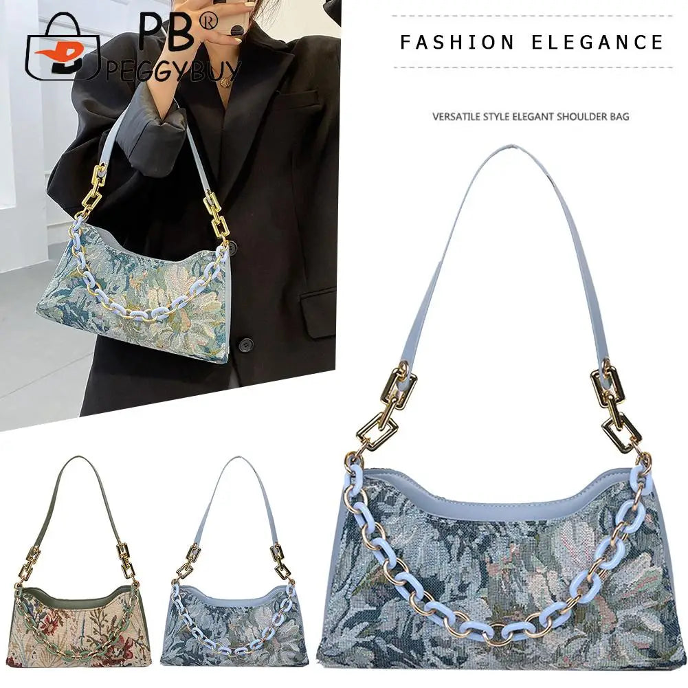 Vintage Shoulder Bag Women Oil Painting Print Underarm Bag