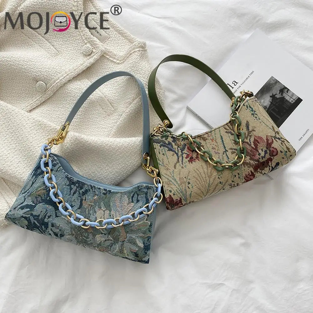 Vintage Shoulder Bag Women Oil Painting Print Underarm Bag