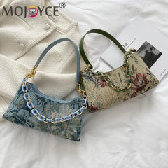 Vintage Shoulder Bag Women Oil Painting Print Underarm Bag