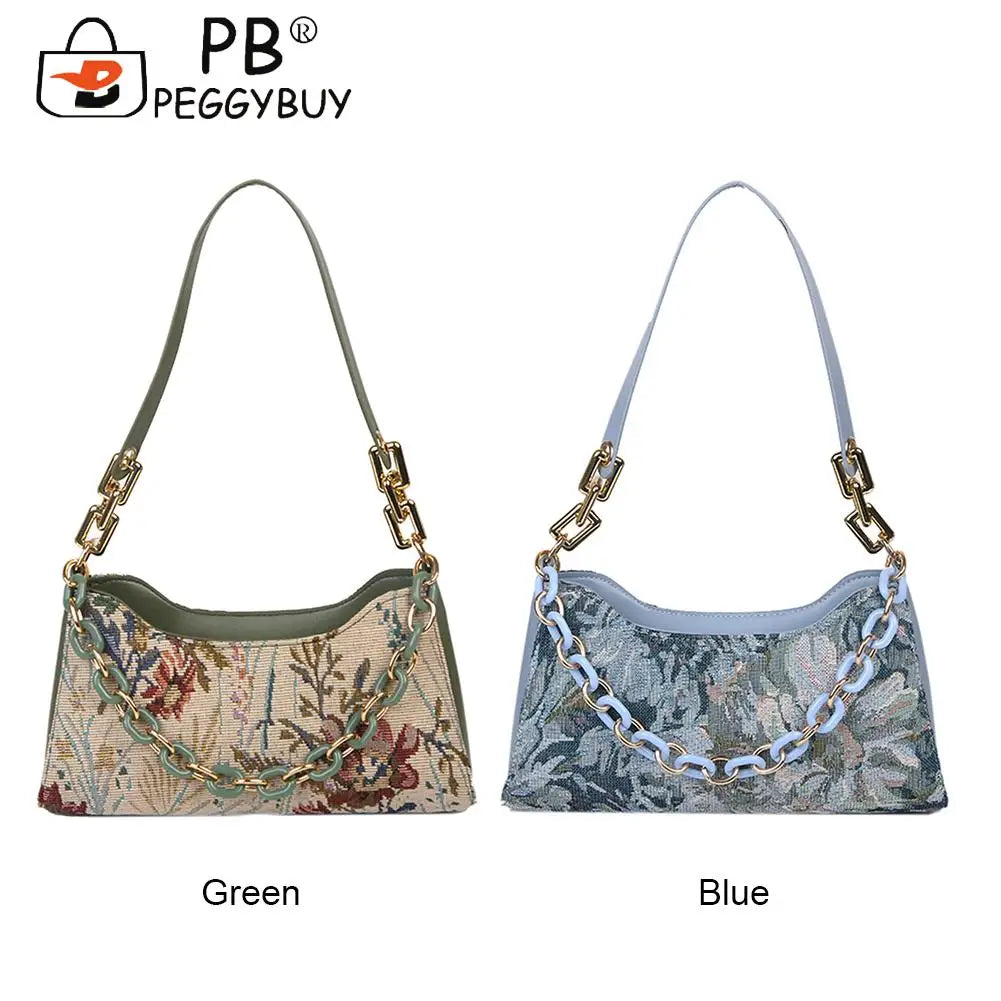 Vintage Shoulder Bag Women Oil Painting Print Underarm Bag