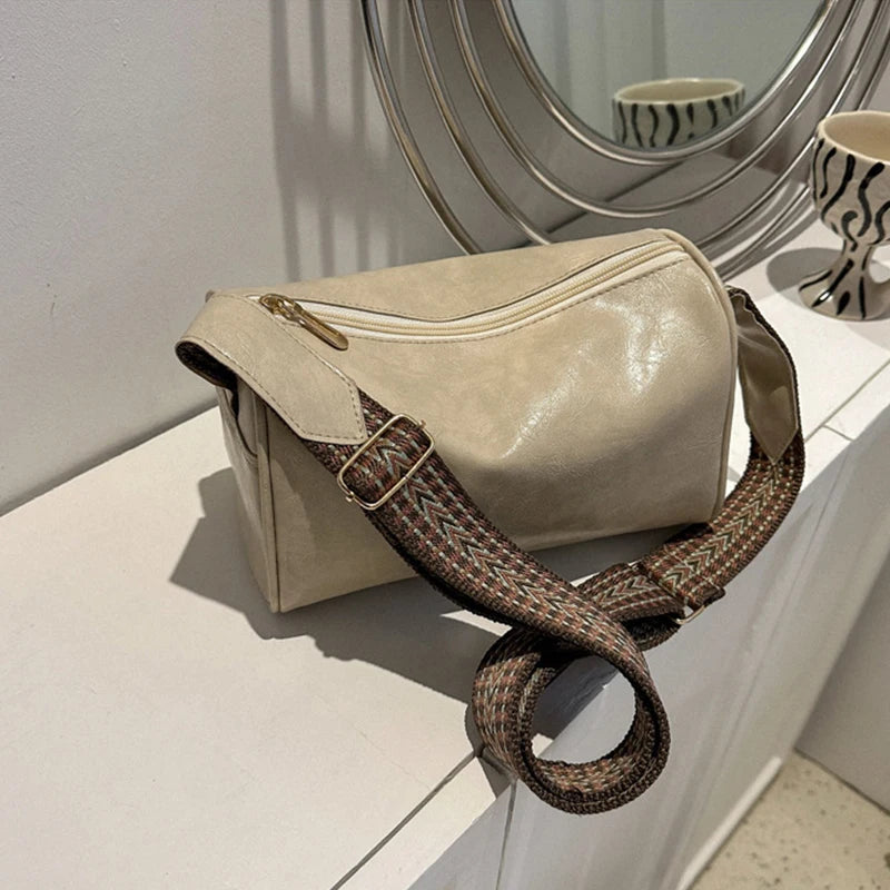 Vintage Pillow Shape Crossbody Bag Wide Strap Satchel Handbag