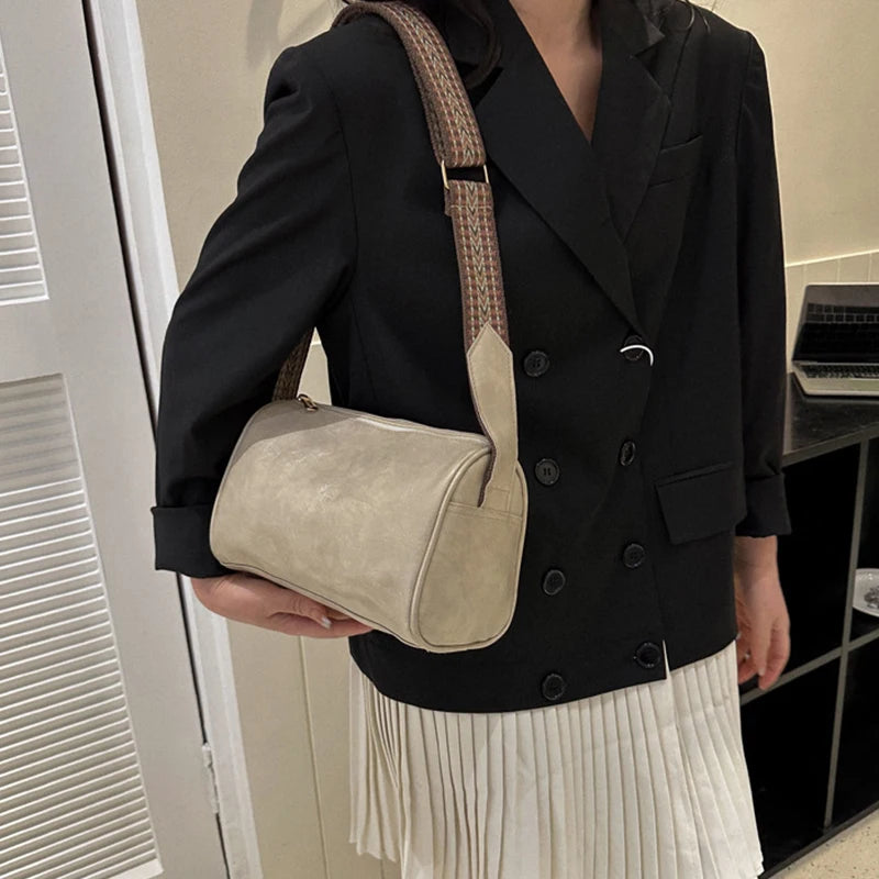 Vintage Pillow Shape Crossbody Bag Wide Strap Satchel Handbag