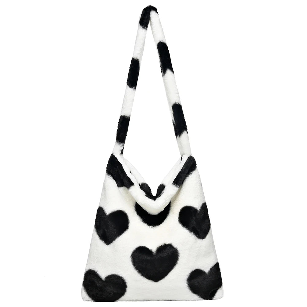 Vintage Shoulder Bag Large Capacity Soft Plush Tote Messenger Bag Love Print Leo