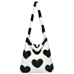Vintage Shoulder Bag Large Capacity Soft Plush Tote Messenger Bag Love Print Leo