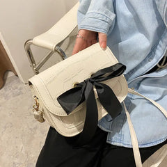 Vintage Shoulder Bags Women Ribbon Bow Crocodile Saddle PU Leather Office Ladies