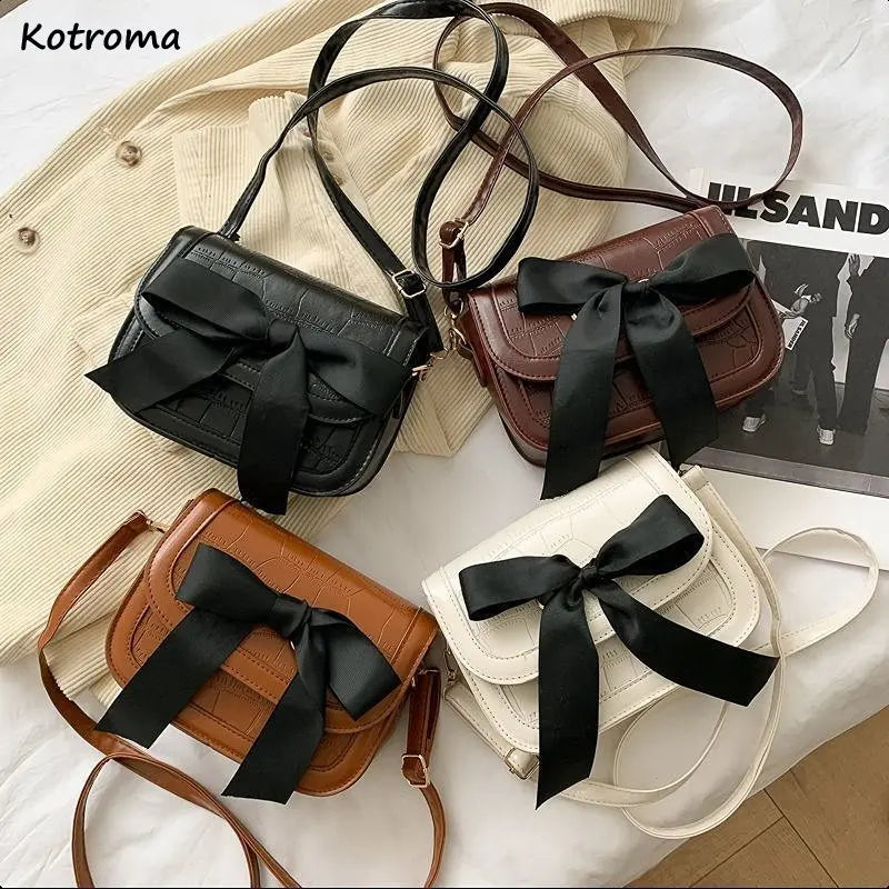 Vintage Shoulder Bags Women Ribbon Bow Crocodile Saddle PU Leather Office Ladies