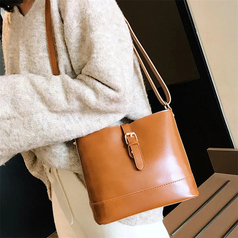 Vintage PU Leather Bucket Crossbody Bags For Women All-Match Lady Shoulder Bags