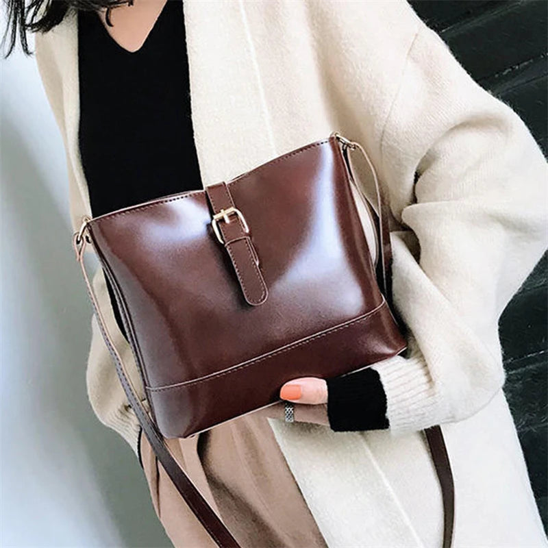 Vintage PU Leather Bucket Crossbody Bags For Women All-Match Lady Shoulder Bags