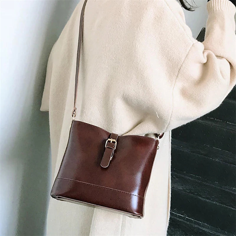 Vintage PU Leather Bucket Crossbody Bags For Women All-Match Lady Shoulder Bags