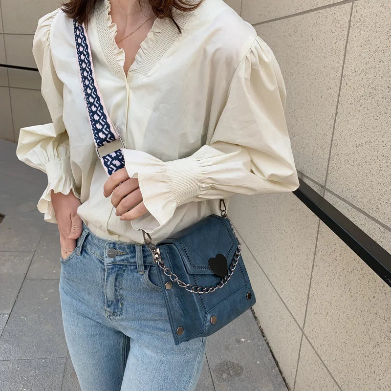 Vintage Small Bag Women Messenger Bag Wide Shoulder Strap Square Bag