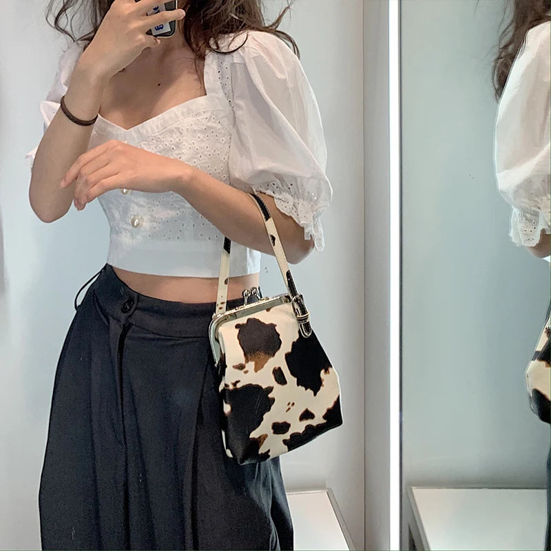 Vintage Crossbody Bag Cow Pattern Handbag Mini Shoulder