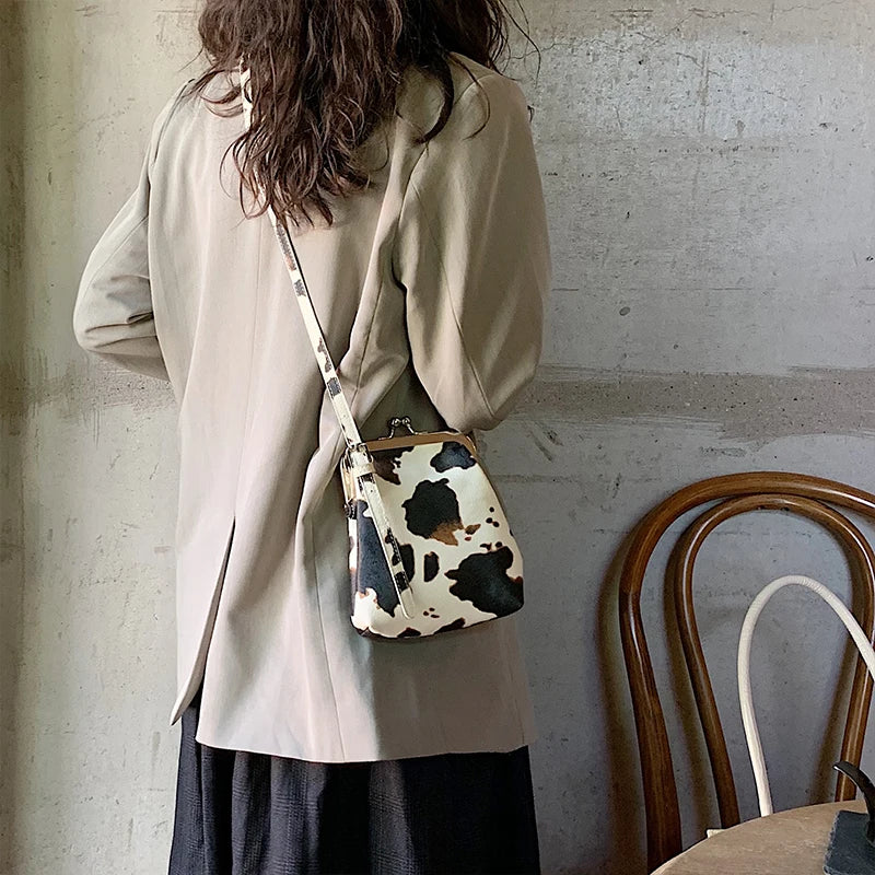 Vintage Crossbody Bag Cow Pattern Handbag Mini Shoulder