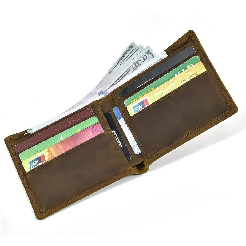 Vintage Men's Wallet 100% Cow Leather Short Purse Clutch Solid Brown