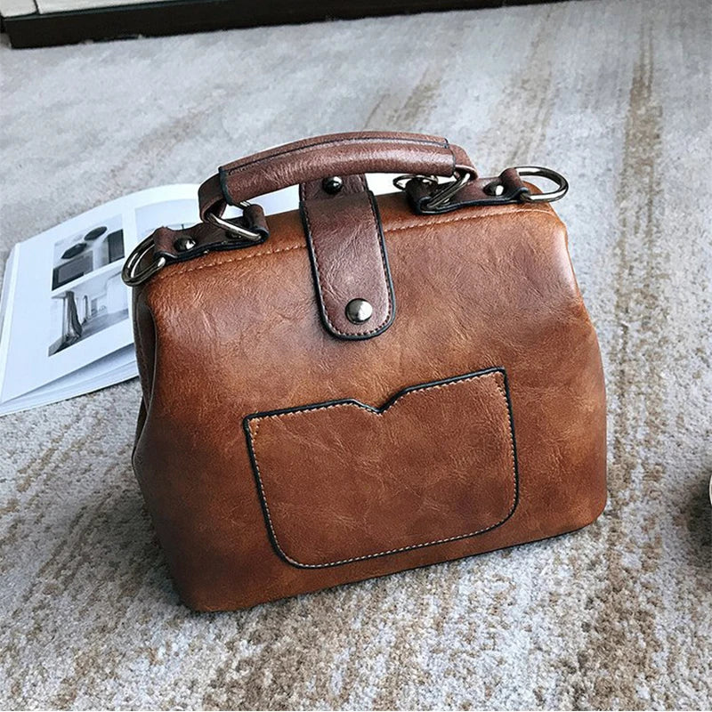 Vintage Small Leather Crossbody Bag for Women with Pendant