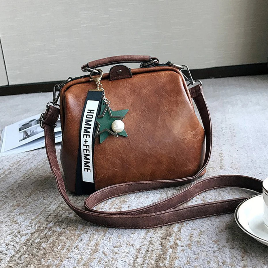 Vintage Small Leather Crossbody Bag for Women with Pendant