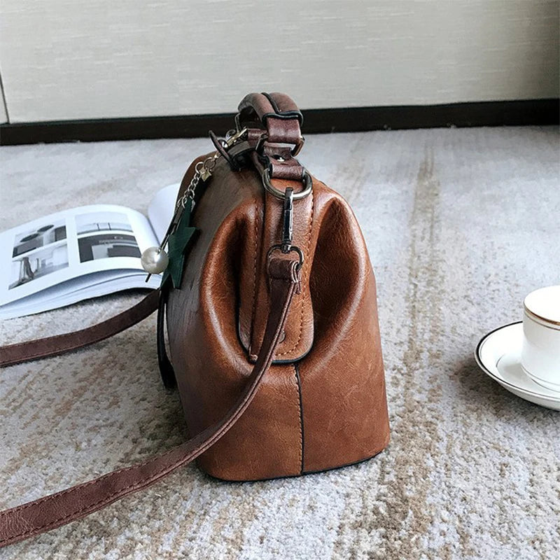 Vintage Small Leather Crossbody Bag for Women with Pendant