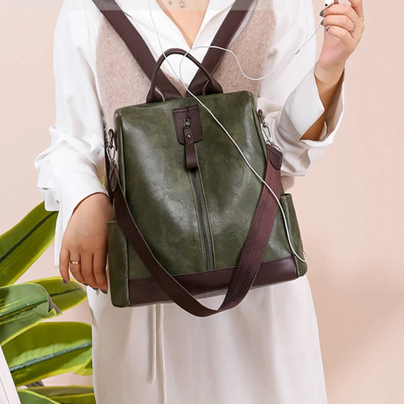 Vintage PU Leather Backpack Large Capacity School Bag Multifunction Anti-theft