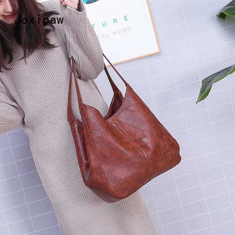 Vintage PU Leather Shoulder Bag for Women Large Capacity Tote Bag