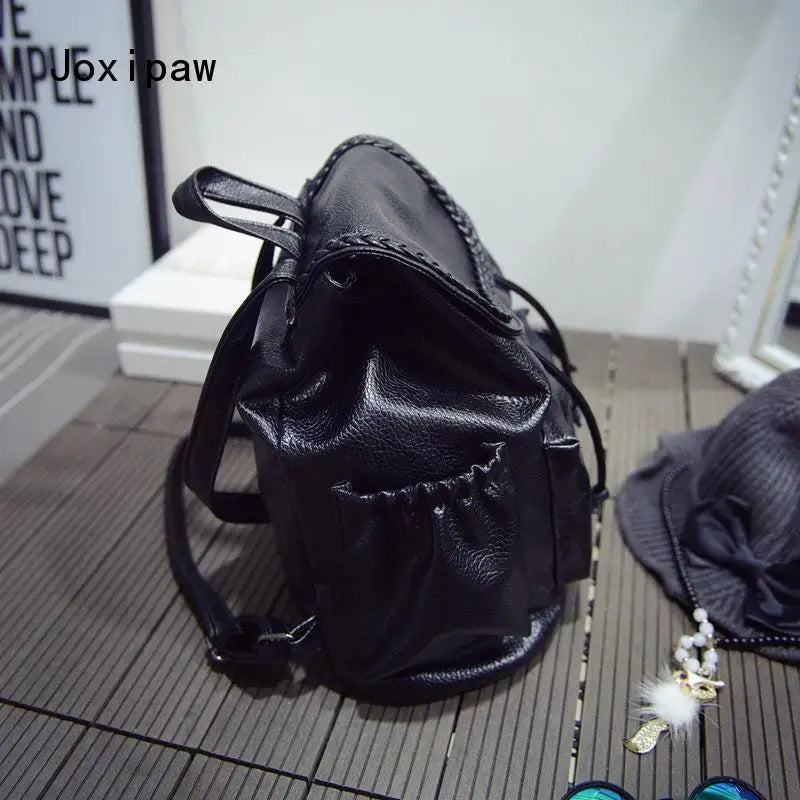 Vintage Soft Pu Leather Weave Backpack Women Large School Bag Pack