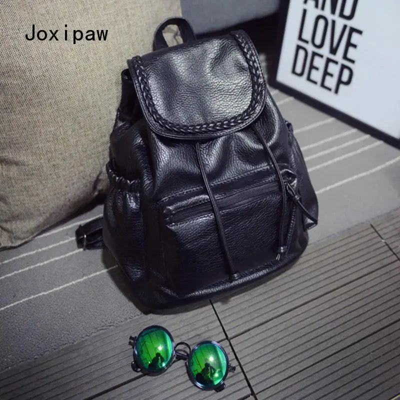 Vintage Soft Pu Leather Weave Backpack Women Large School Bag Pack