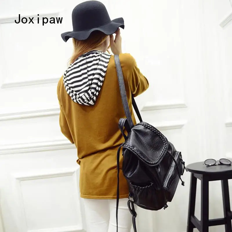 Vintage Soft Pu Leather Weave Backpack Women Large School Bag Pack