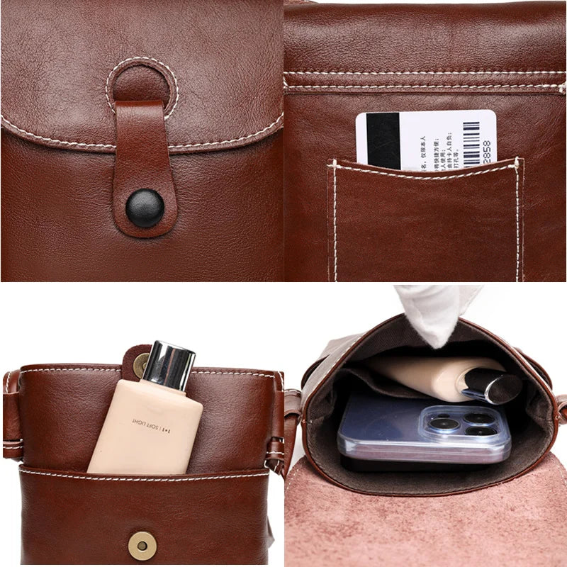 Vintage Solid Cow Leather Girls Purse Phone Bag