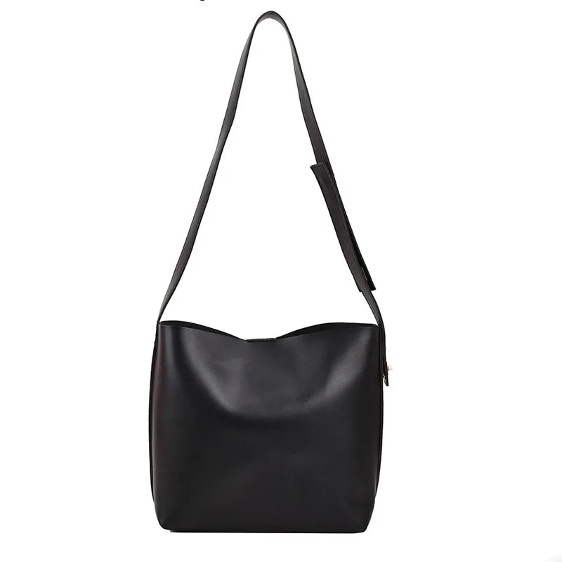Vintage Leather Bucket Bag for Women Winter Soft Leather Shoulder Handbag