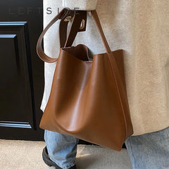 Vintage Leather Bucket Bag for Women Winter Soft Leather Shoulder Handbag