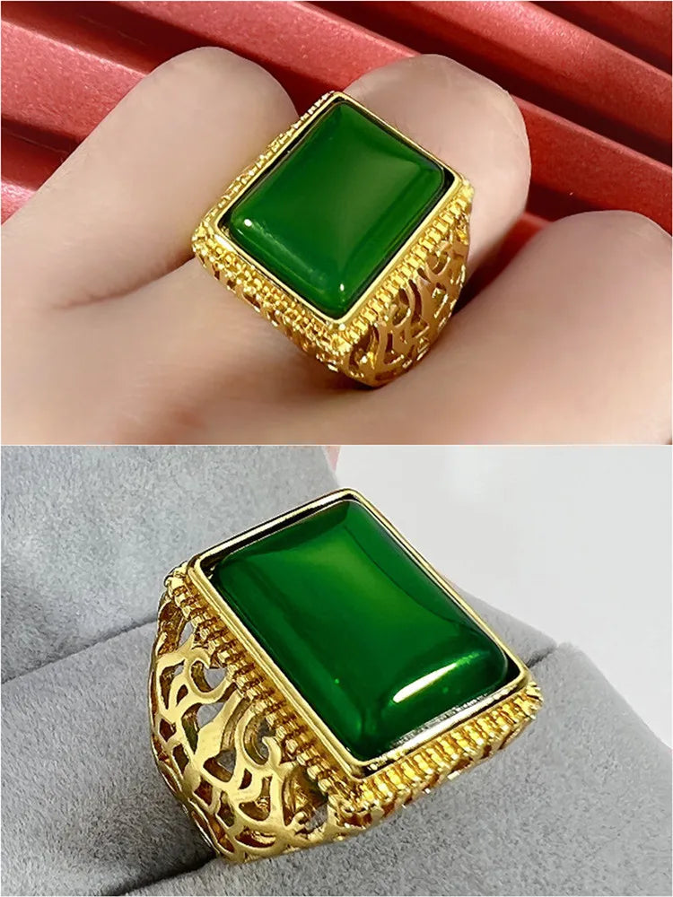 Vintage Square Green Jade Agate Emerald Gemstones Diamonds Rings Bague for Men