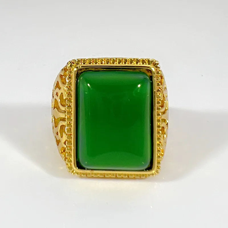 Vintage Square Green Jade Agate Emerald Gemstones Diamonds Rings Bague for Men