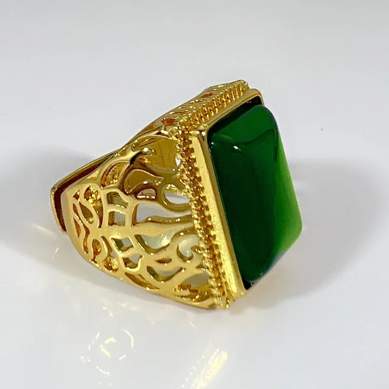 Vintage Square Green Jade Agate Emerald Gemstones Diamonds Rings Bague for Men