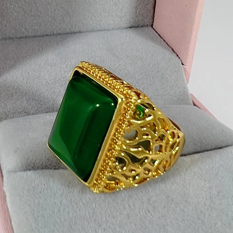 Vintage Square Green Jade Agate Emerald Gemstones Diamonds Rings Bague for Men