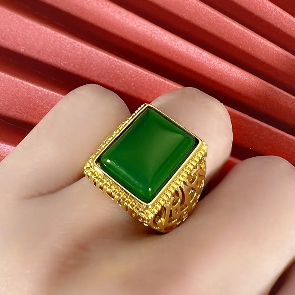 Vintage Square Green Jade Agate Emerald Gemstones Diamonds Rings Bague for Men