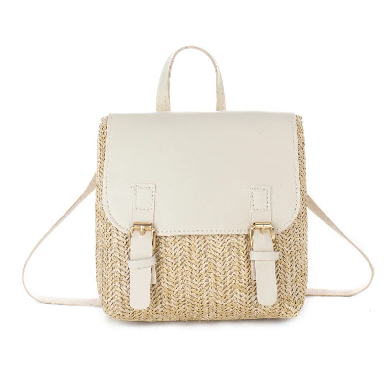 Vintage Straw Backpack Women Mini Shoulder Bag Straw Woven PU Leather