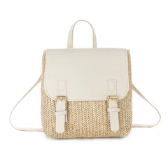 Vintage Straw Backpack Women Mini Shoulder Bag Straw Woven PU Leather