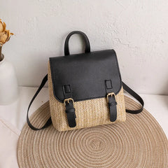 Vintage Straw Backpack Women Mini Shoulder Bag Straw Woven PU Leather