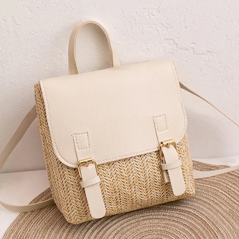Vintage Straw Backpack Women Mini Shoulder Bag Straw Woven PU Leather