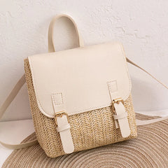 Vintage Straw Backpack Women Mini Shoulder Bag Straw Woven PU Leather