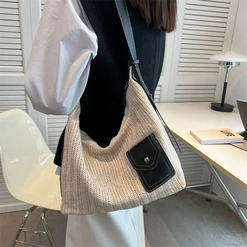Vintage Straw Shoulder Bags Women Patchwork Underarm Bag