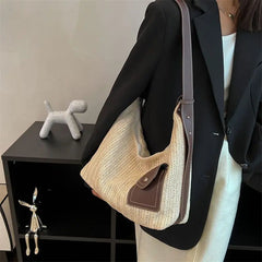 Vintage Straw Shoulder Bags Women Patchwork Underarm Bag