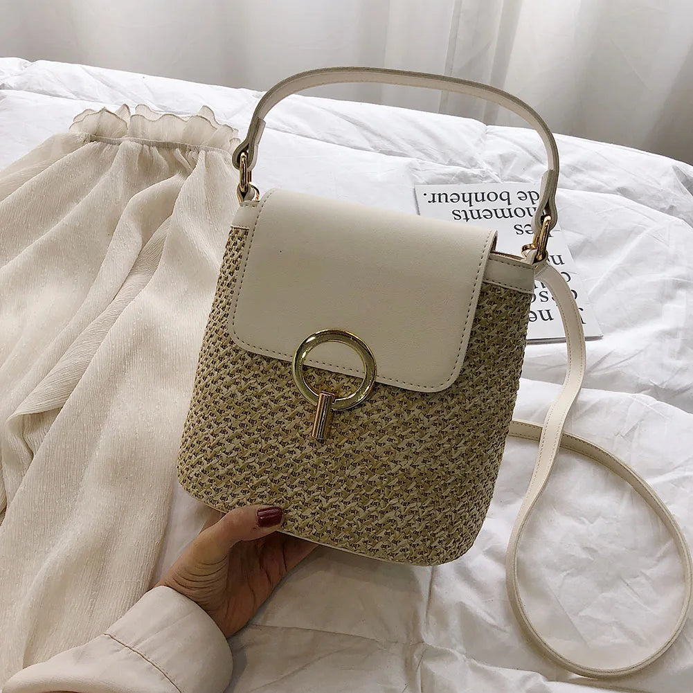 Vintage Straw Shoulder Weaving Bucket Beach Holiday Bag Women Woven Bucket Flap