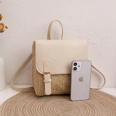 Vintage Straw Women's Shoulder Bag Woven PU Leather Small Backpack